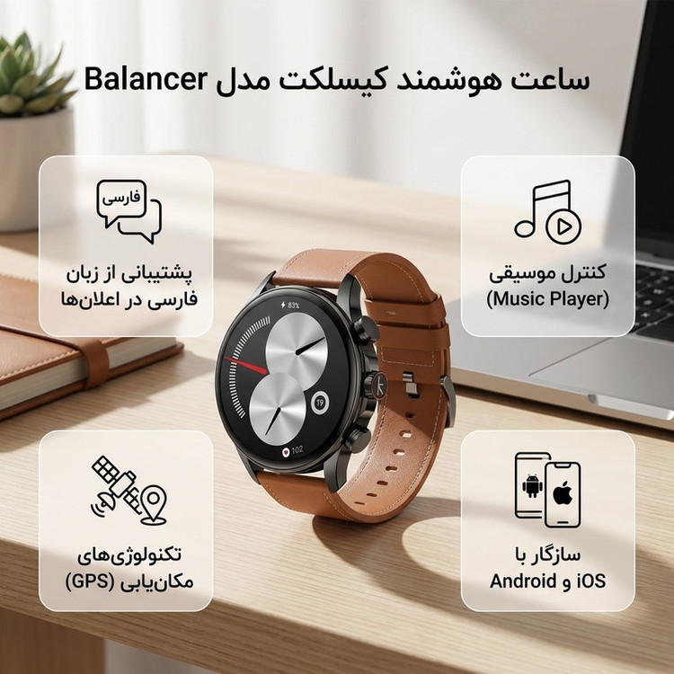 ساعت هوشمند 1.43 اینچی کیسلکت مدل Balancer با بند چرمی