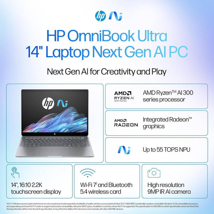 لپتاپ 14 اچ پی مدل OmniBook Ultra 14 fd0002na-Ryzen AI 9 365-32GB LPDDR5X-1TB SSD-Touch-2.2K-Backlit
