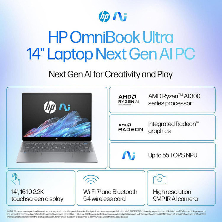 لپتاپ 14 اچ پی مدل OmniBook Ultra 14 fd0002na-Ryzen AI 9 365-32GB LPDDR5X-2TB SSD-Touch-2.2K-Backlit - کاستوم شده