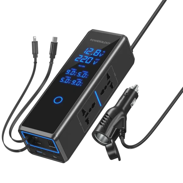اینورتر فندکی خودرو 300 واتی پاورولوژی با صفحه نمایش با کابل جمع شونده مدل Powerology PWCPI300W